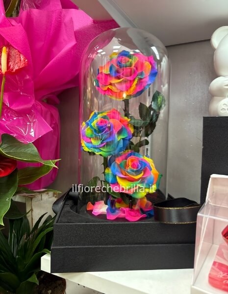 Campana in vetro con 3 rose stabilizzate